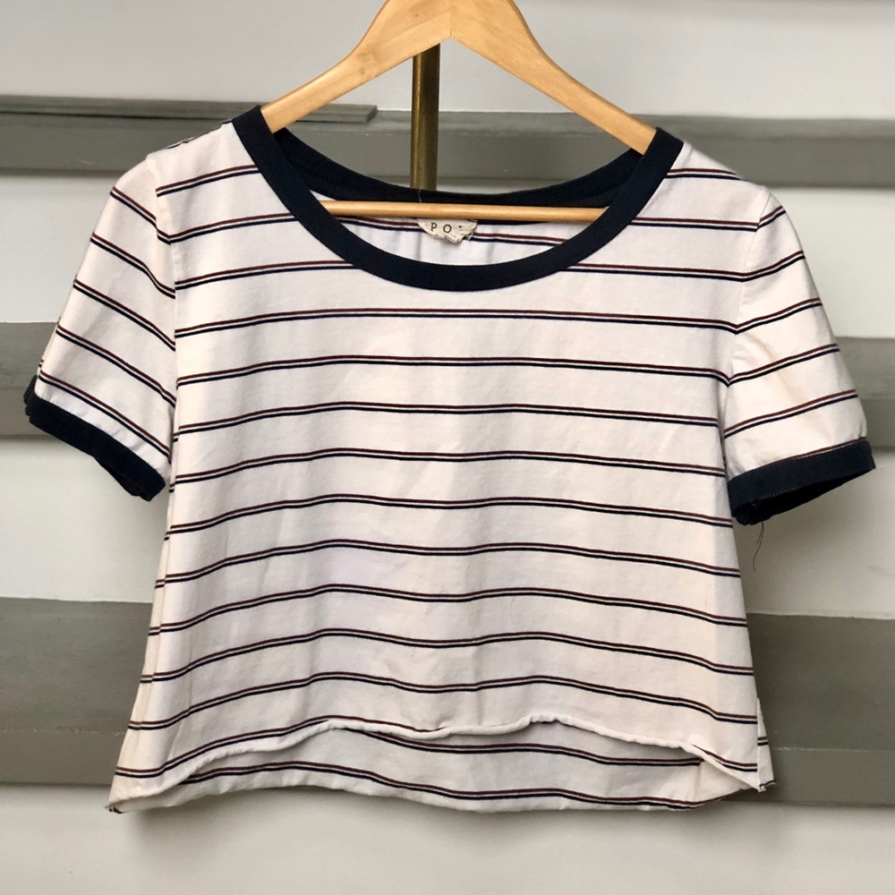 POL NAVY/WHITE/RED STRIPED RAW HEM CROP TOP